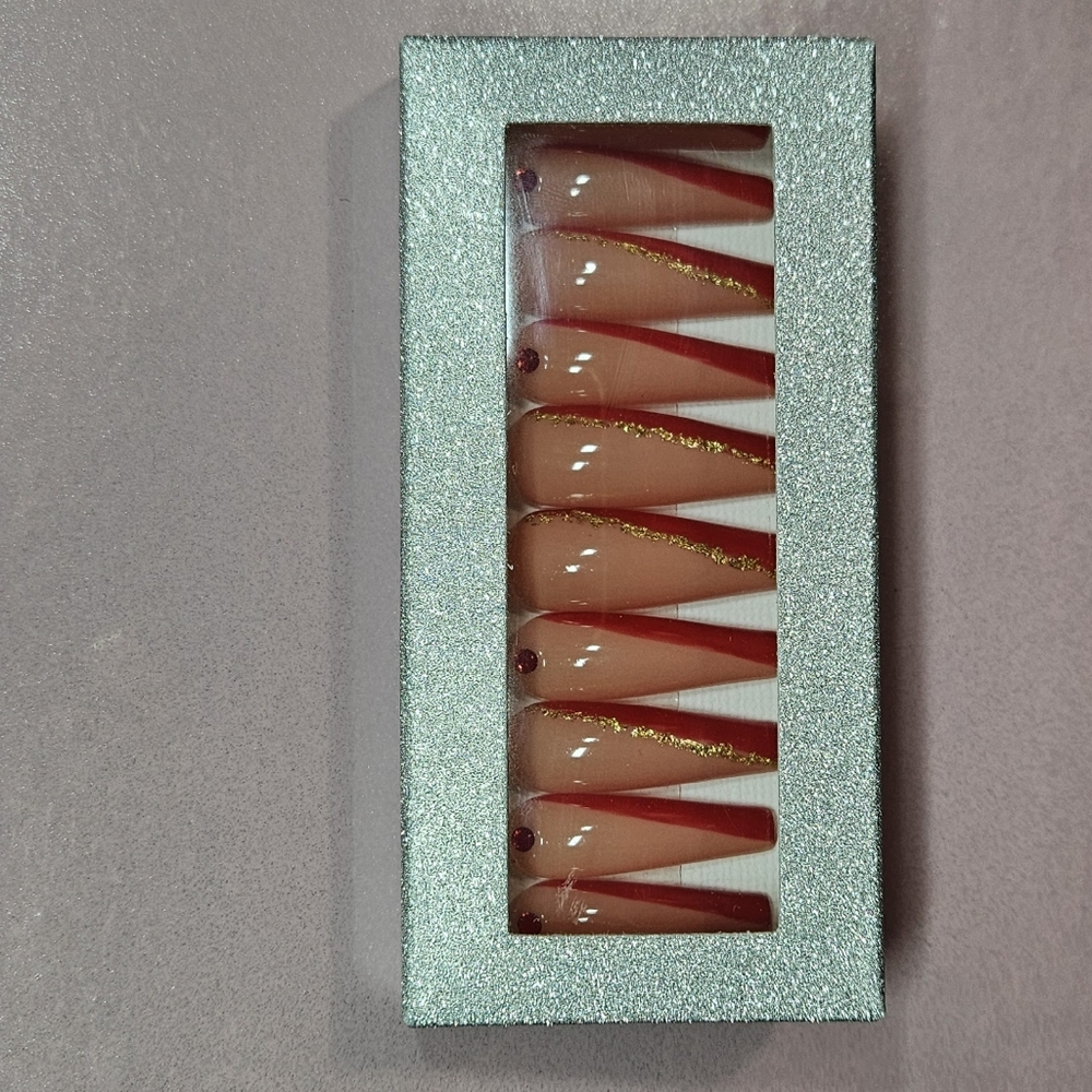 Red Nails Gold Flake Size S Handmade
